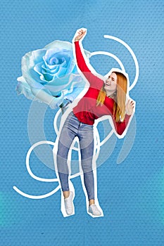 Vertical composite collage of young funky girl catch rhythm discotheque nightclub atmosphere ice rose dance 