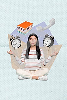 Vertical composite collage of young korean girl work life balance time management student work call center isolated on