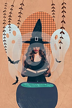 Vertical composite creative photo collage of gorgeous witch read spell book cooking love elixir in caudron isolated