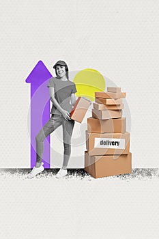 Vertical composite image photo collage of young smiling postwoman hold package stack of boxes express delivery service