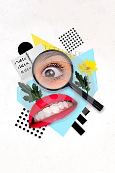 Vertical composite picture collage of magnifier lens zoom woman eye mouth clever detective search evidence investigate