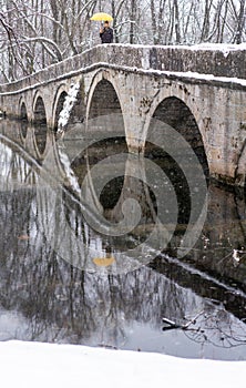Vertical Composition of Stone Bridge Reflection in Still Water