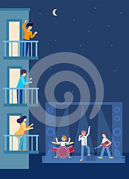 Vertical concert under building of houses, offices. People neighbors are standing on balconies looking down at concert stage with