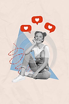 Vertical create collage lovely dreamy young woman sit wait like post follow influencer popular sketch blue triangle