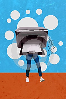 Vertical creative abstract composite collage photo of legs with copier instead of body in at office isolated on drawing