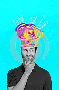 Vertical creative abstractive caricature photo collage concentrated brainless young man overthinking brainstorming solve photo
