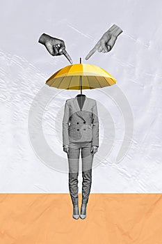 Vertical creative art collage of girl instead head yellow umbrella point fingers hate rumors ridicule blame autumn rain