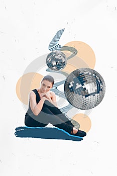 Vertical creative banner poster young woman sitting ballerina outfit dream glowing discoball above dancer party white