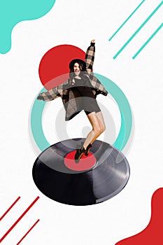 Vertical creative collage of dancing crazy girl celebrating her promotion listen home vinyl plate discotheque 