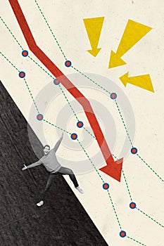 Vertical creative collage of falling man down arrow recession statistics business data weird freak bizarre unusual