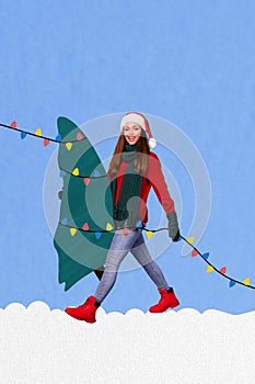 Vertical creative collage of funny young woman decorate tree garland forest shopping prepare happy merry christmas new