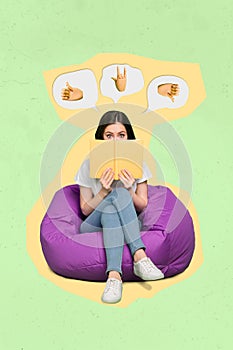 Vertical creative collage illustration of puzzled person sitting bag read book cover face think feedback
