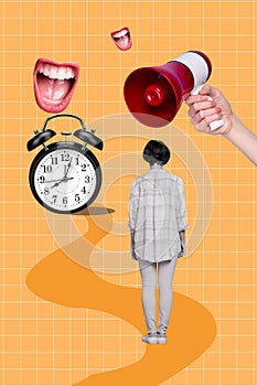 Vertical creative collage image of back view girl employee clock time deadline stressed scolding boss surrealism