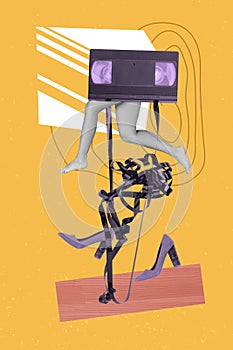 Vertical creative collage image of cassette instead body woman legs high heels fashion shoes magazine weird freak