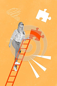 Vertical creative collage image of confident employee businesswoman lifting career ladder hold puzzle piece match