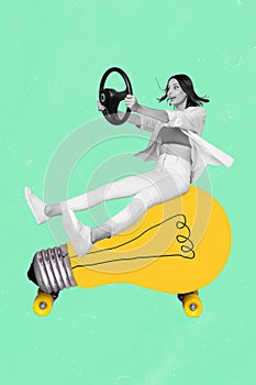 Vertical creative collage image of excited girl black white colors hands hold wheel sit drive big light bulb