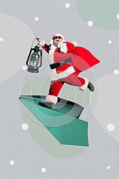 Vertical creative collage image of funky santa claus flying paper plane lamp light new year snowy atmosphere christmas