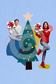 Vertical creative collage image of funny family young girl teen boy present box receive gift happy merry christmas new