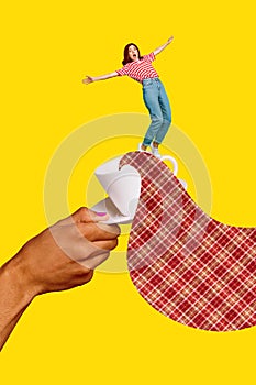 Vertical creative collage image of funny female keep balance hand hold tea coffee cup pouring drinking magazine