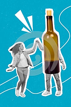 Vertical creative collage image of funny funky young woman dancing wine alcohol bottle weekend celebrate friday have fun