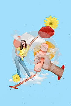 Vertical creative collage image of funny girl dance spring summer handset hand hold speech bubble bizarre unusual