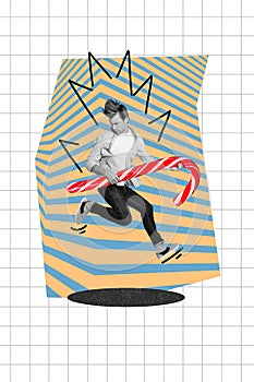 Vertical creative collage image of funny man jump hold big peppermint candycane sweet candy store billboard comics zine