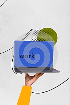 Vertical creative collage image of hand hold netbook screen work remotely education weird freak bizarre unusual fantasy