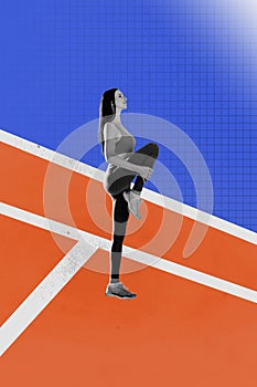 Vertical creative collage image of lovely female stretching leg warm up before run exercise weird freak bizarre unusual