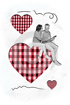 Vertical creative collage image of pensioner positive couple virtual tablet app dating concept valentine day fantasy