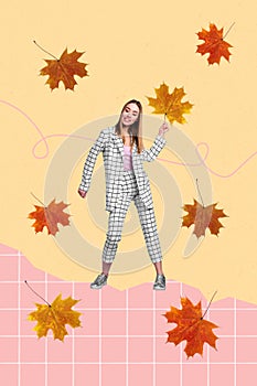 Vertical creative collage image of positive trendy young woman suit walking park collect hold maple orange leaf enjoy