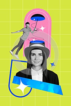 Vertical creative collage image of positive young female magician cut hat slice man flying freak bizarre unusual fantasy