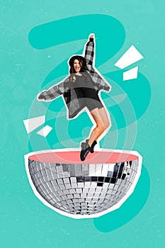 Vertical creative collage image of positive young woman dancing disco ball stylish garment have fun weekend festive 70s