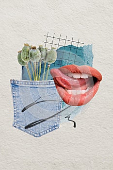 Vertical creative collage image of sexy female lips lick tongue poppy flower pocket denim weird freak bizarre unusual