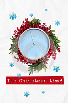 Vertical creative collage image of tree pine spruce branches berries clock time midnight count happy merry christmas new