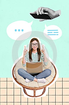 Vertical creative collage photo of beautiful girl sitting in armchair with laptop addicted to social media isolated