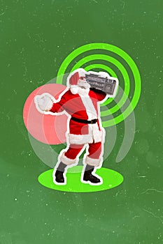 Vertical creative collage photo of funny positive good mood santa dancing hold boom box on shoulder isolated on green