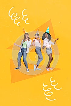 Vertical creative collage photo of happy funky positive friends girls dancing party celebrate birthday isolated on blue
