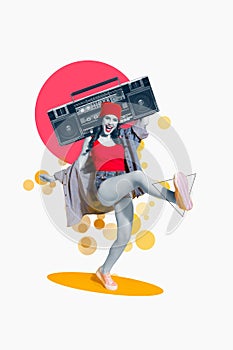 Vertical creative collage photo illustration of funny funky crazy positive girl hold boombox dancing isolated on white