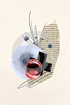 Vertical creative collage picture black white filter scream loudly human element mouth doodle sketch retro book page