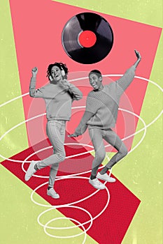 Vertical creative collage picture two happy dancing women have fun festive event party record plate music meloman photo