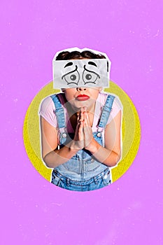 Vertical creative collage picture young girl forgive plead feel guilty request help pray plead hands clap comics eyes