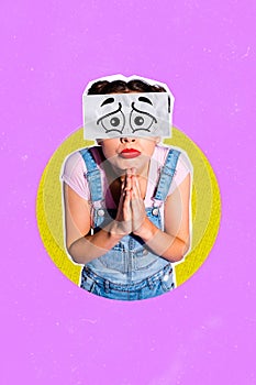 Vertical creative collage picture young girl forgive plead feel guilty request help pray plead hands clap comics eyes photo
