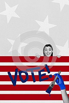 Vertical creative collage picture young happy cheerful girl hiding vote campaign agitation paintbrush election drawing