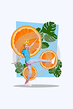 Vertical creative collage picture young happy joyful girl teen cheerful mood walking exotic citrus orange drawing