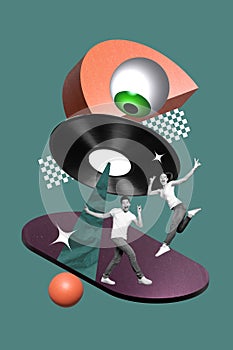 Vertical creative collage picture young happy man woman 80s retro vinyl eyeball caricature psychedelic concept dancing