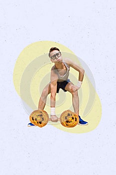 Vertical creative collage picture young man lifting croissant bun dumbbell nutrition calories diet bodycare drawing