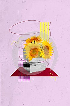 Vertical creative collage poster charming blooming flowers pc monitor vintage screen display bunch sunflowers drawing