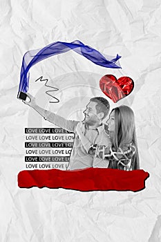 Vertical creative collage poster happy lovers couple relationship take photo selfie celebrate valentine day white