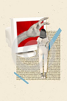 Vertical creative composite abstract photo collage of arm stretching from screen manipulate young girl isolated on beige