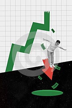 Vertical creative composite collage photo of young businessman falling down on broken arrow lost money isolated on plaid